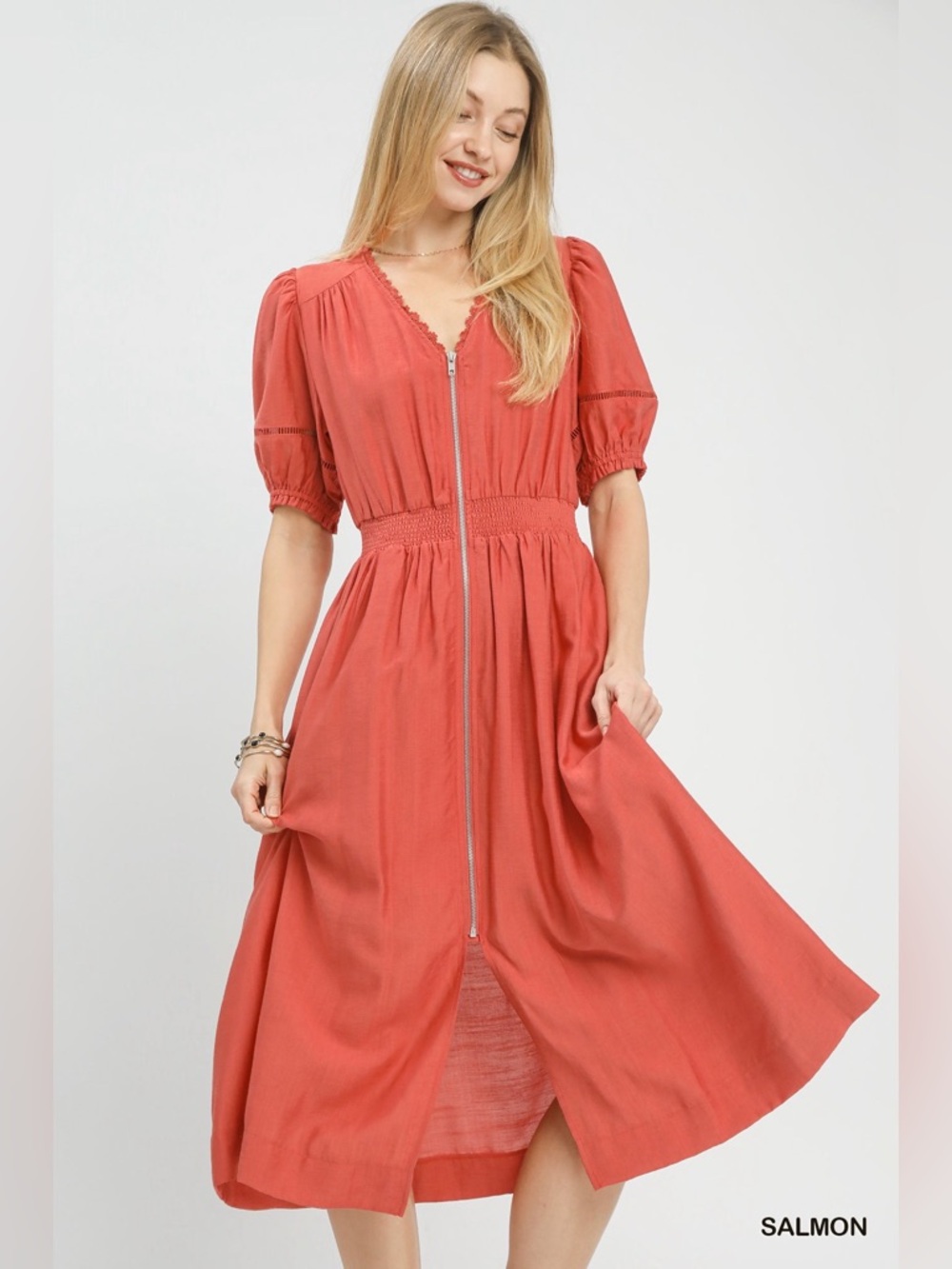 Umgee Zip-Front Smocked Waist Midi Dress